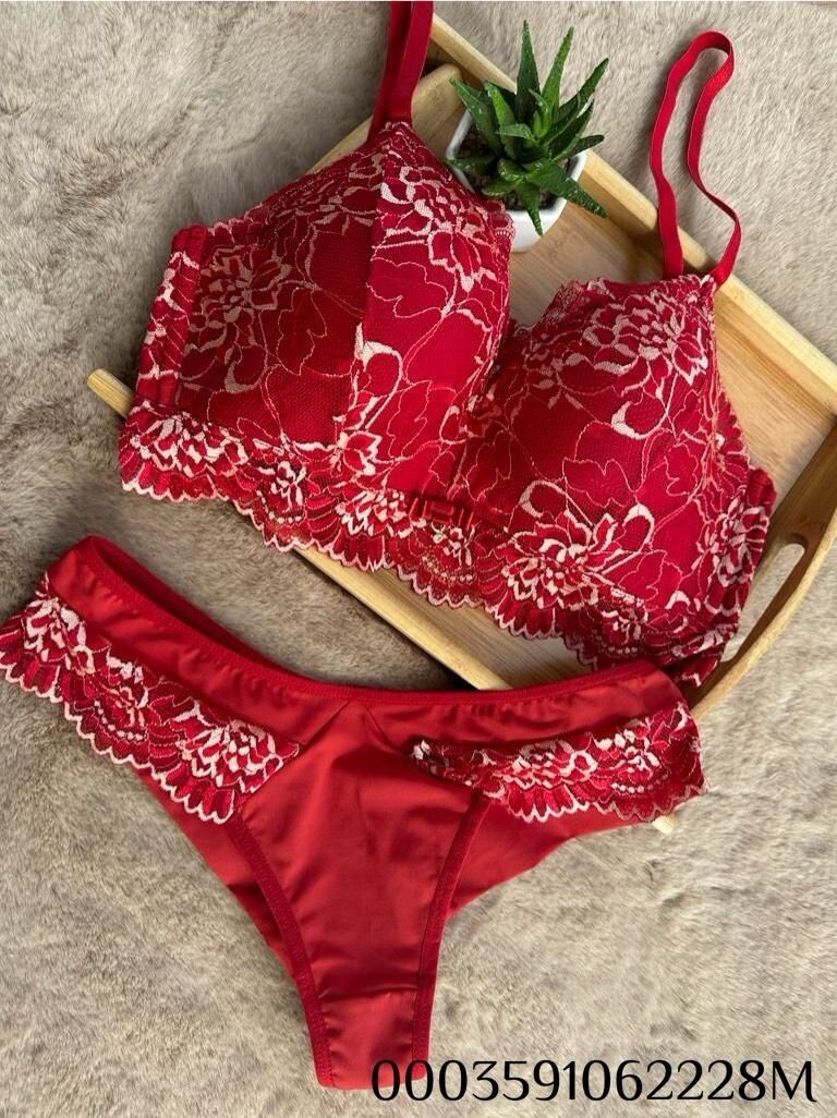 roter mit weissen Blumenspitzen BH inkl. Slip