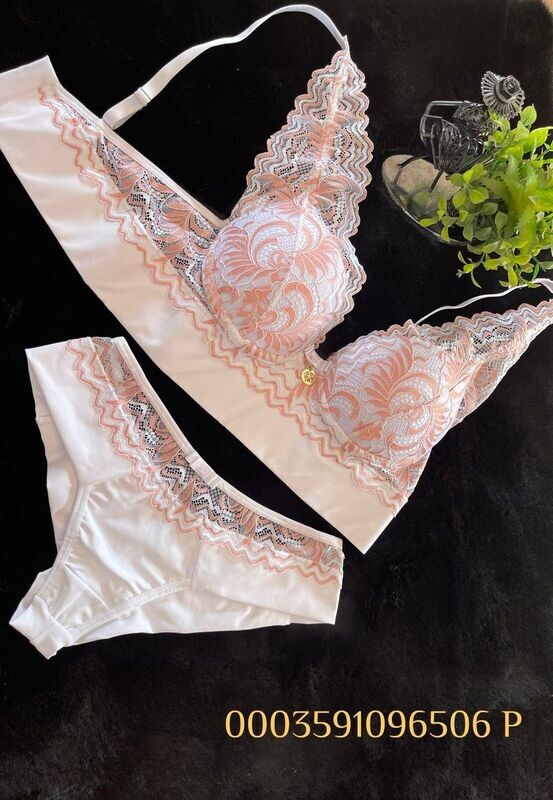 weisser BH mit lachsfarbigen Spitzen und breitem Band unterhalb des Bustier inkl. Slip