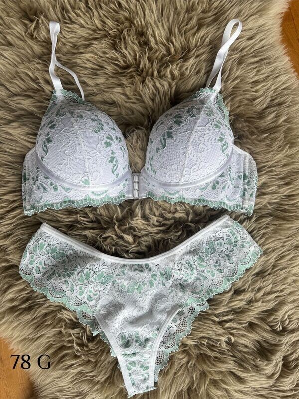 weisser BH mit olivfarbenen Blumenspitzenverzierung inkl. Slip