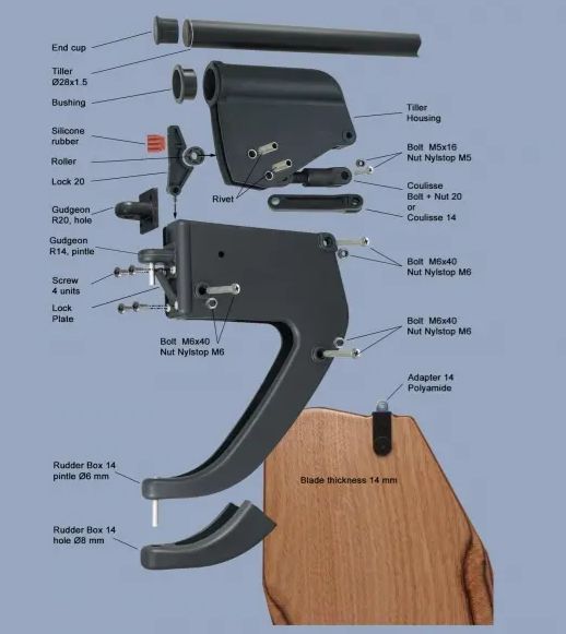 Optimist Kick-Up Rudder head with Wooden Blade, Pintles Ø6 mm