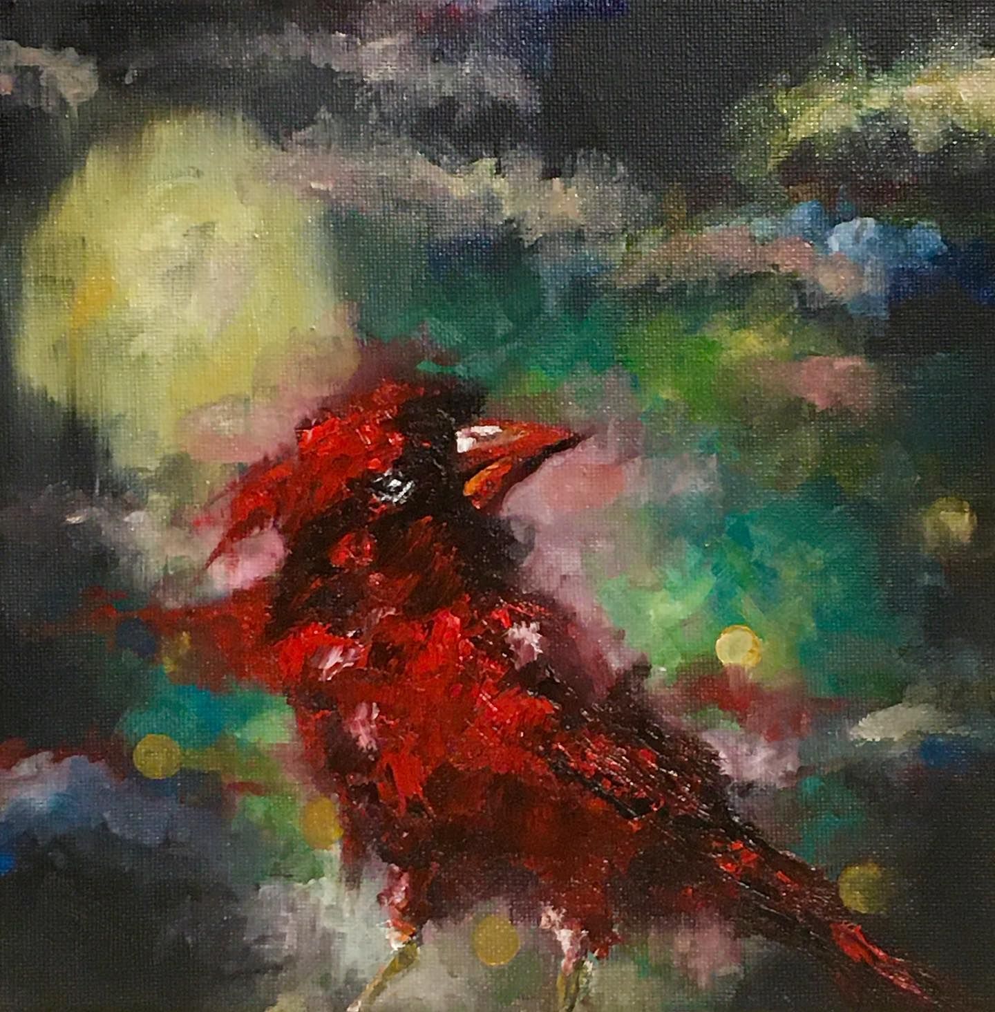 Night Cardinal Bird Original Oil Painting