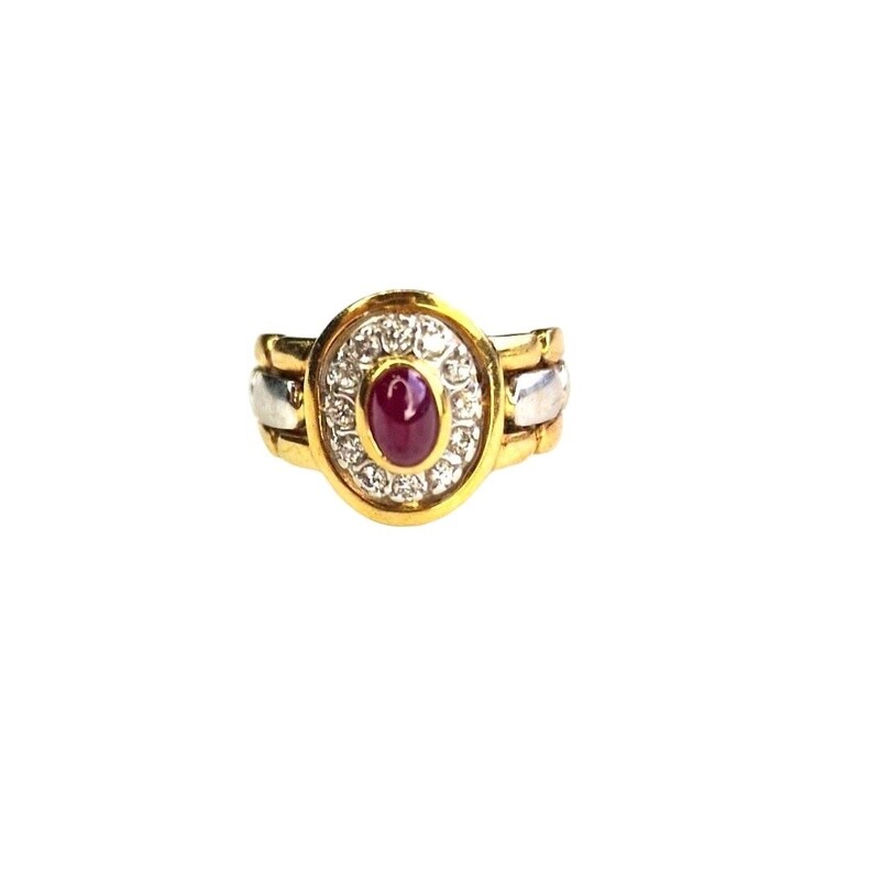 18ct yellow gold ruby and diamond chip ring.