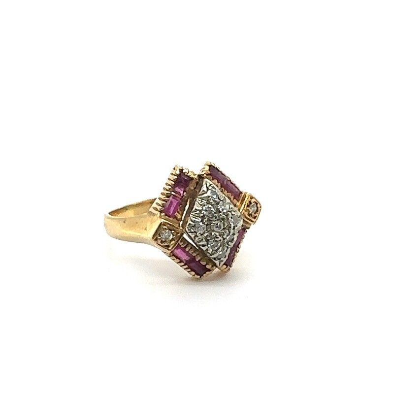 18 yellow gold vintage style ruby and diamond ring