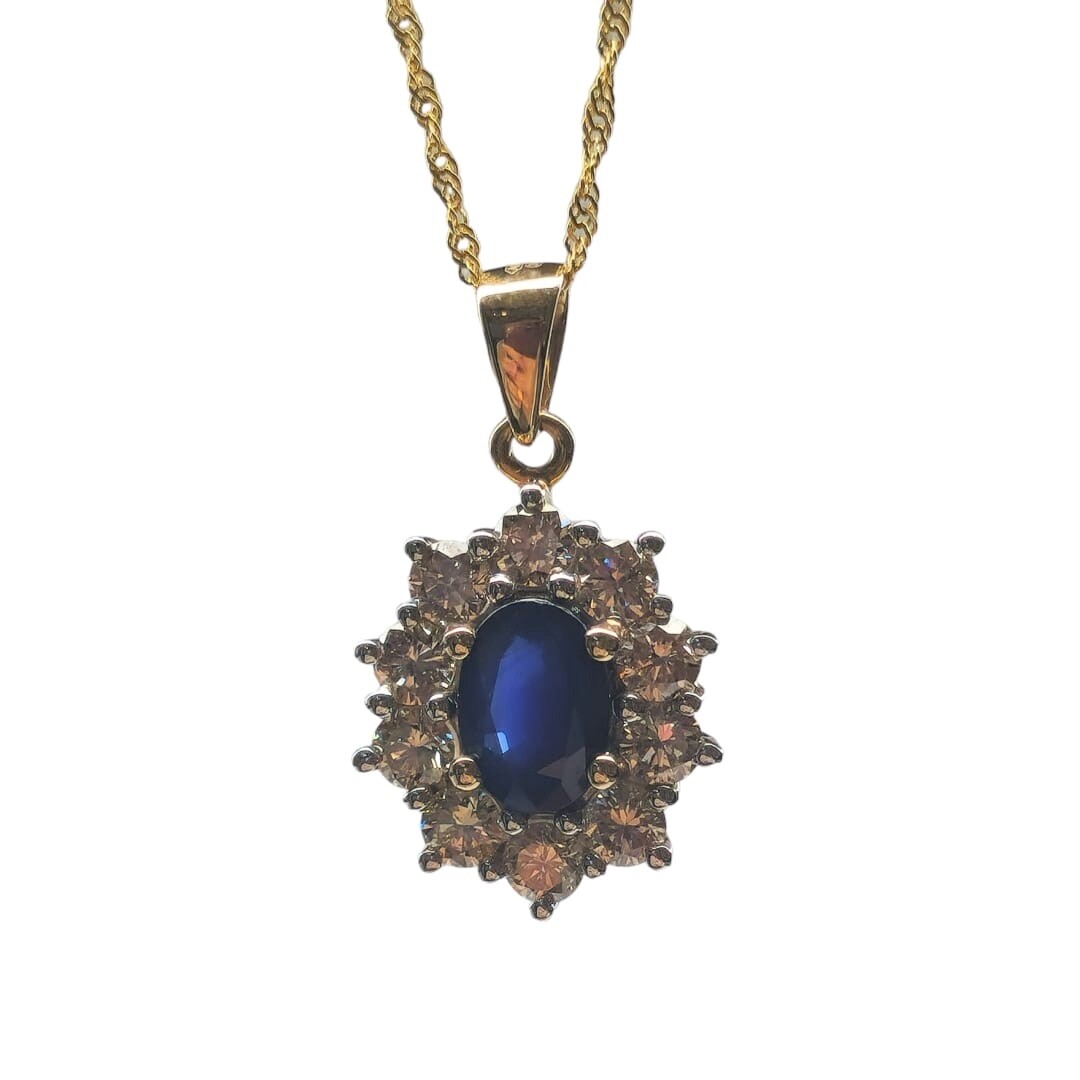 9ct yellow gold diamond and sapphire pendent necklace
