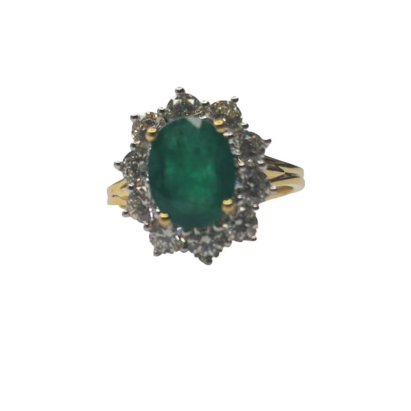 18ct yellow gold diamond and emerald ring flower