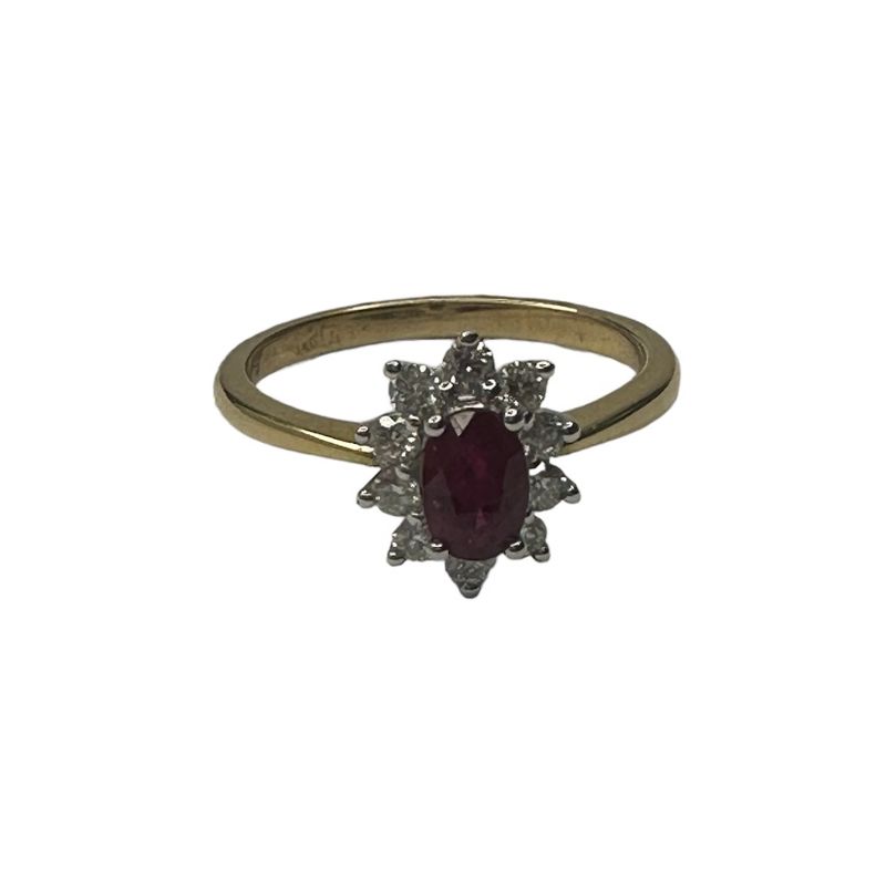 18ct yellow gold ruby and diamond set flower style ring
