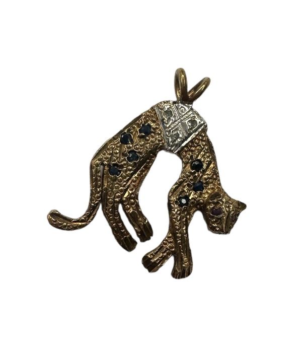 9ct yellow gold diamond and sapphire panther pendent
