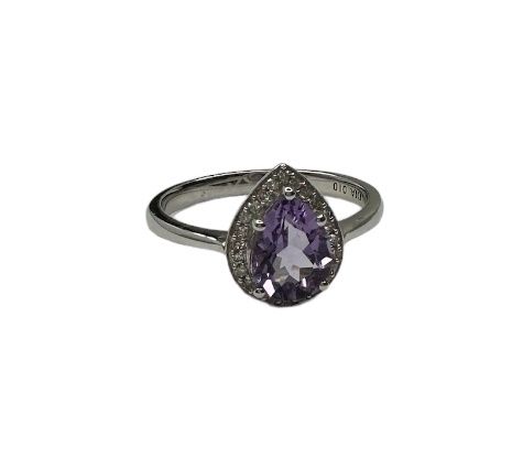9ct white gold diamond amethyst pear cut ring