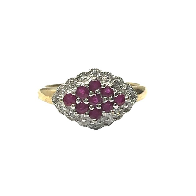 9ct yellow gold diamond and ruby ring