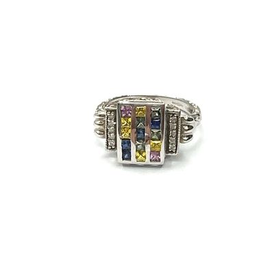 18ct white gold diamond and rainbow sapphire ring