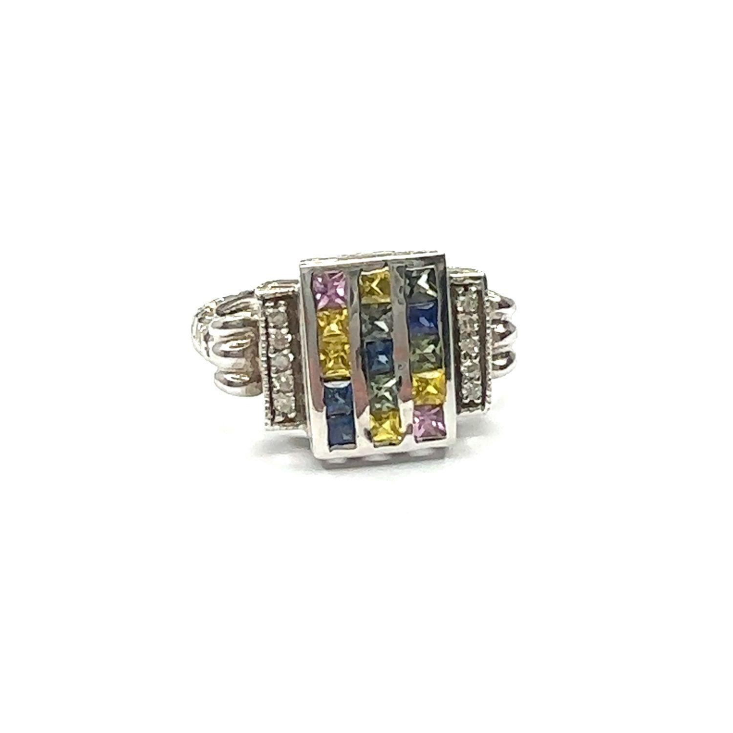 18ct white gold diamond and rainbow sapphire ring
