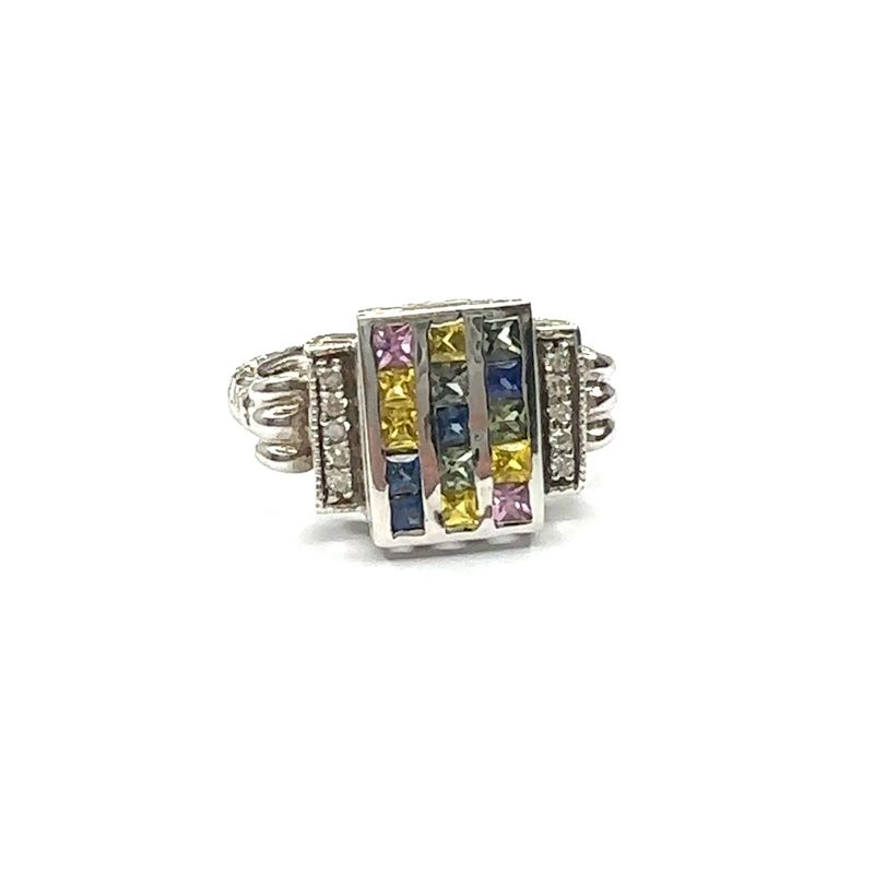 18ct white gold diamond and rainbow sapphire ring