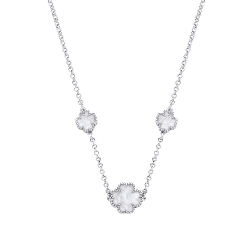 Silver WHITE Enamel Four Leaf Clover Necklace