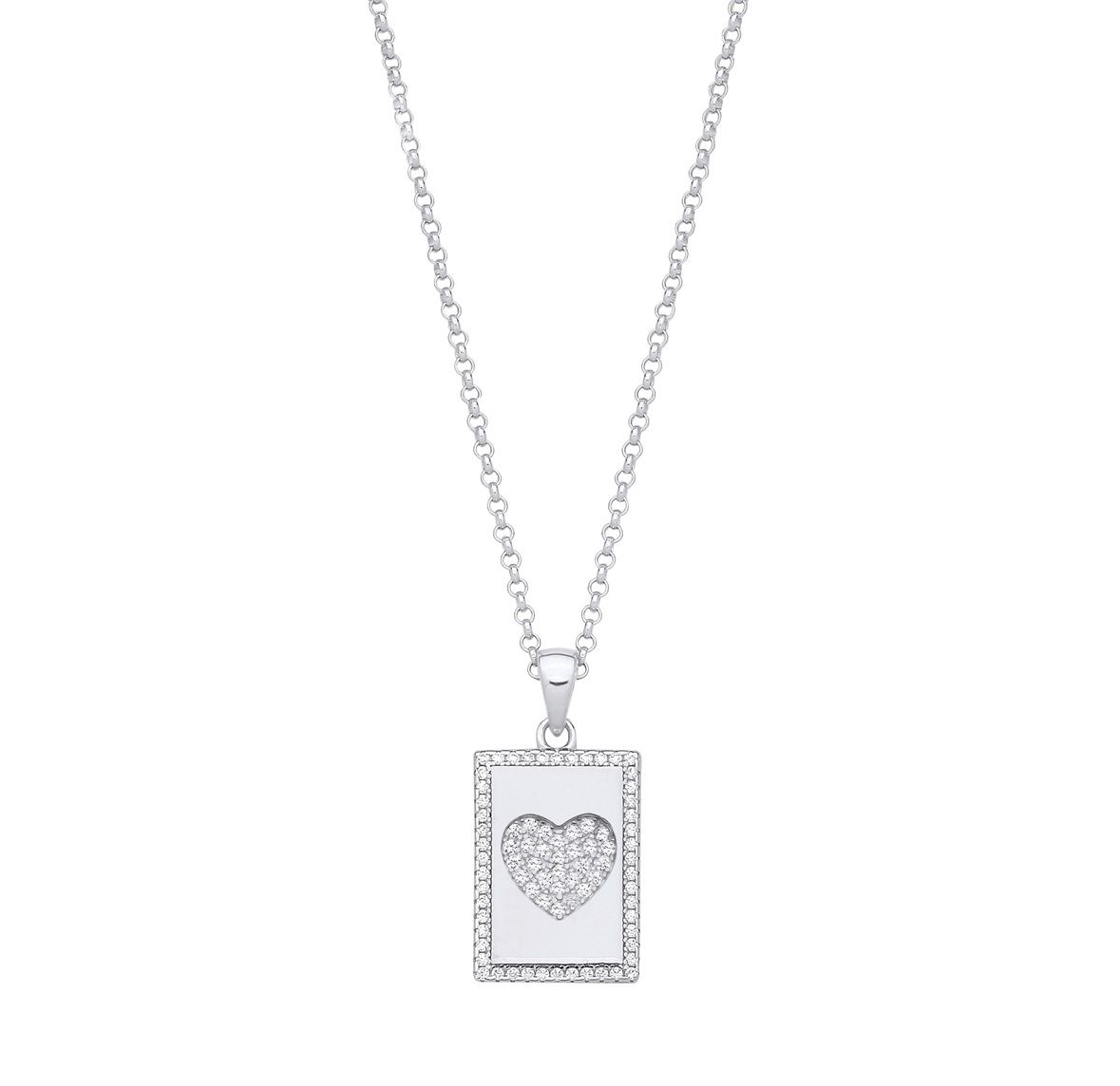 Silver Dog Tag CZs Heart Pendant on Chain