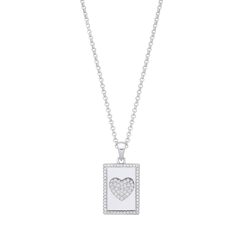 Silver Dog Tag CZs Heart Pendant on Chain