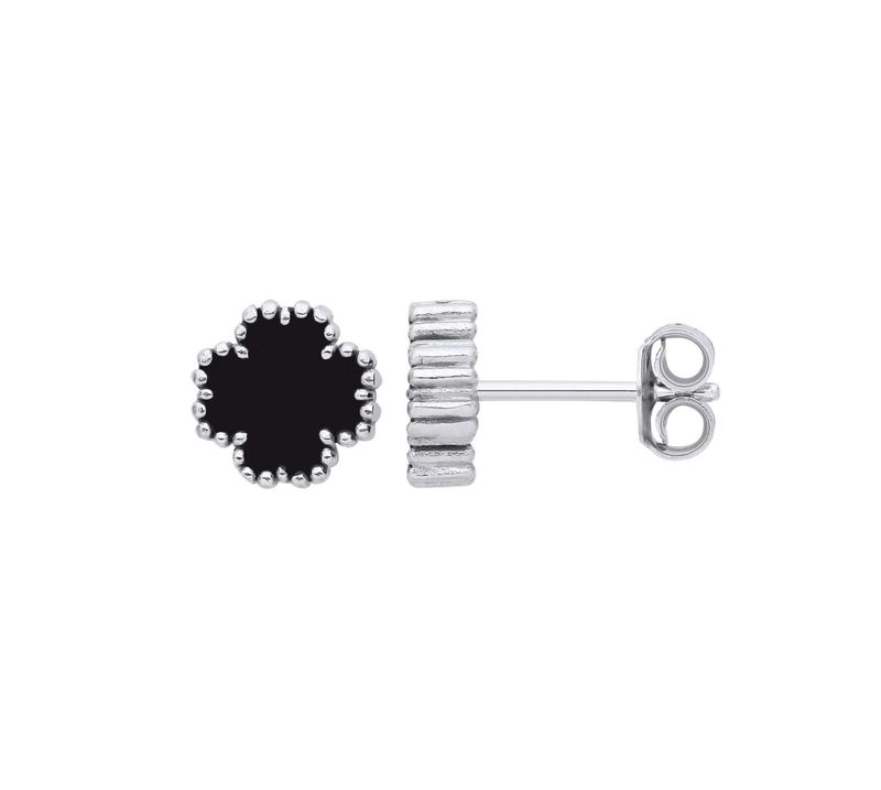 Sterling silver black enamel clover style earrings
