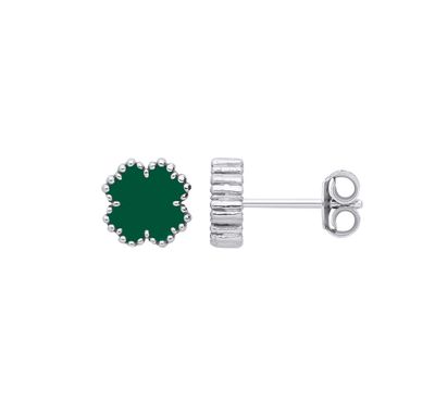 Silver GREEN Enamel Four Leaf Clover Studs