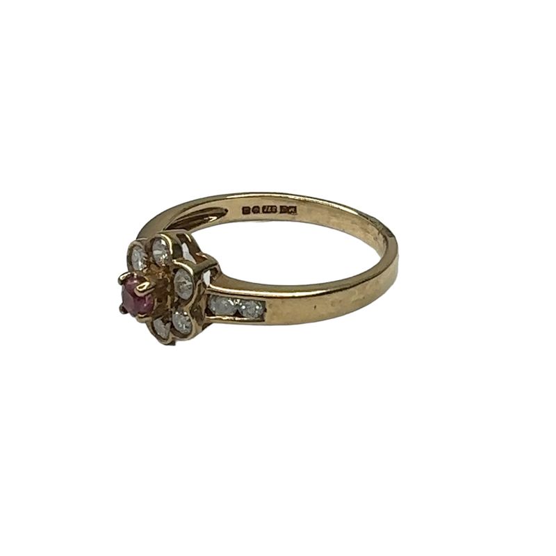 9ct yellow gold diamond 0.20ct and pink sapphire ring