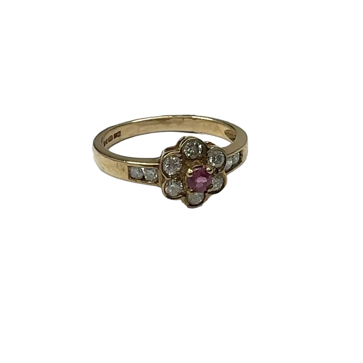 9ct yellow gold diamond 0.20ct and pink sapphire ring