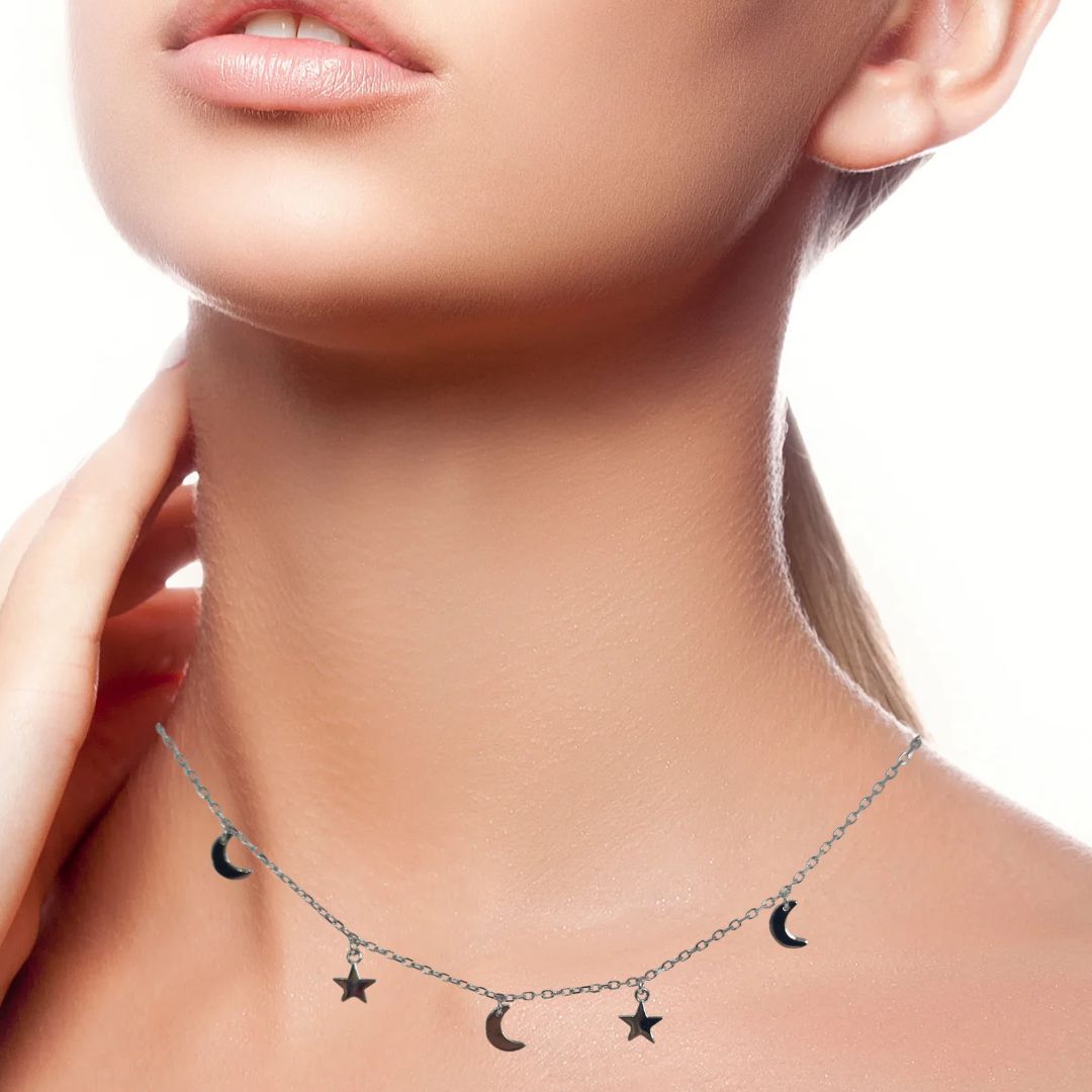 Moon &amp; Stars Sterling Silver Charm Necklace