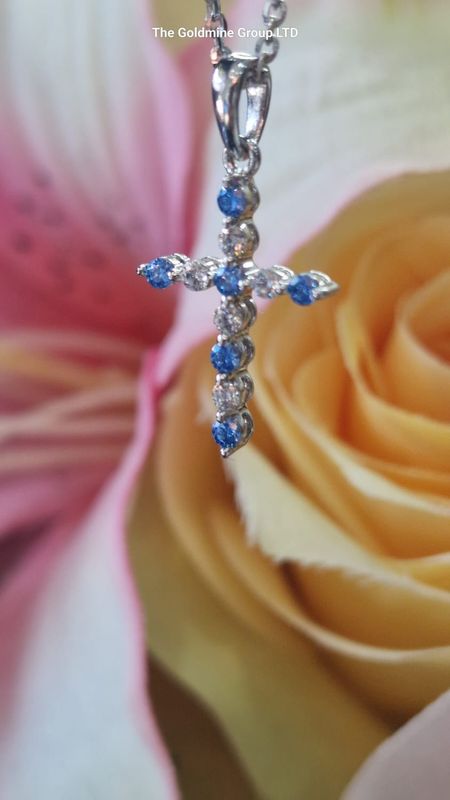Silver Blue CZ Cross Necklace STE355