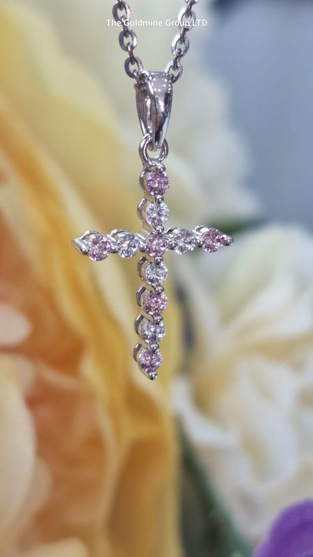 Silver Pink CZ Cross Necklace STE353