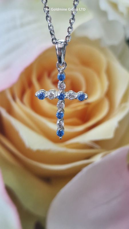 Silver Blue CZ Cross Necklace STE355