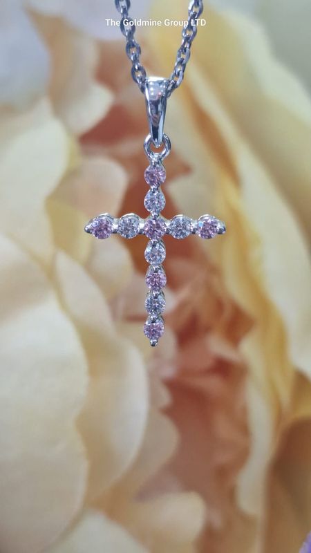 Silver Pink CZ Cross Necklace STE353