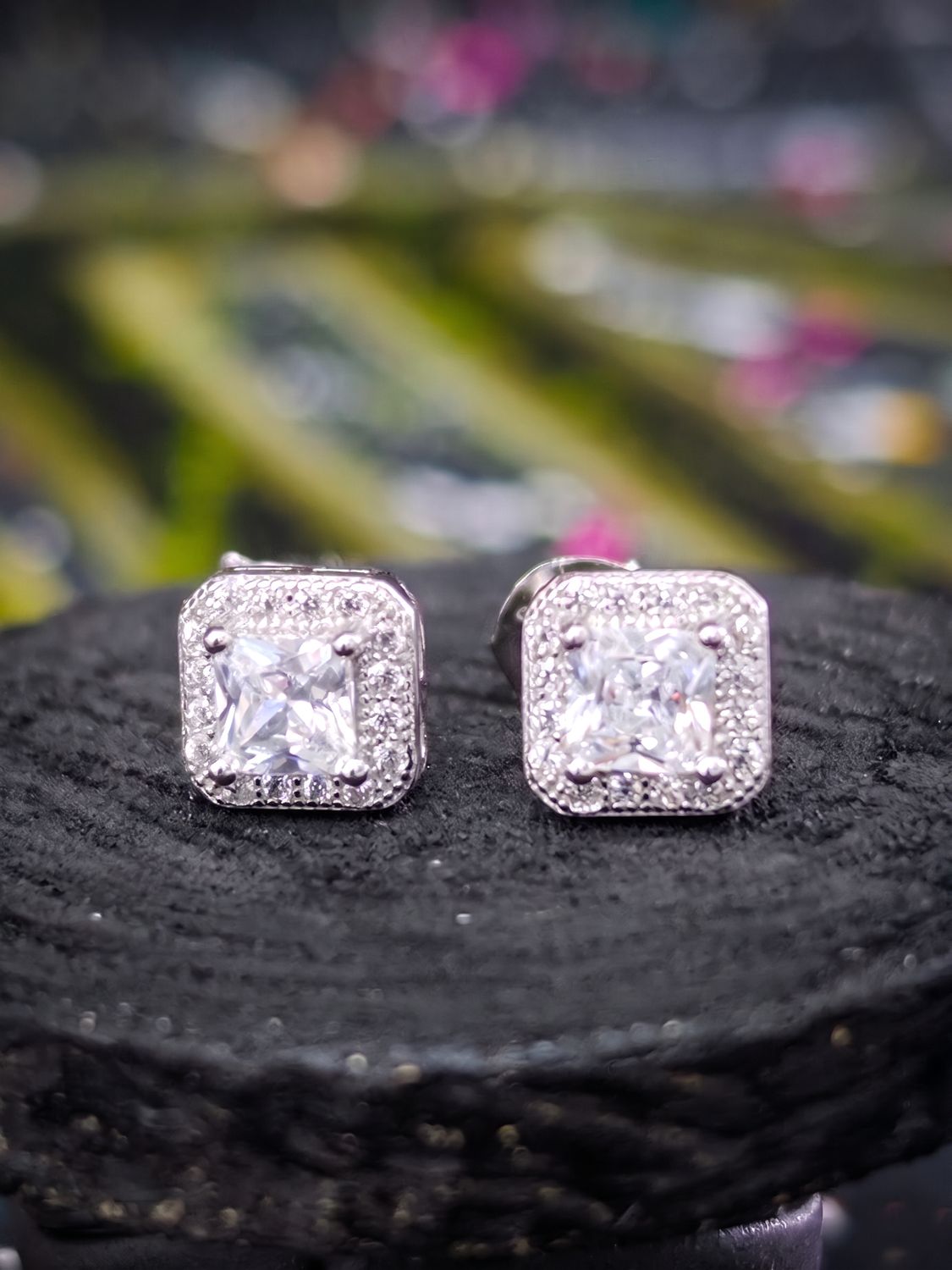 Silver Cubic Zirconia Princess Cut Stud Earrings
