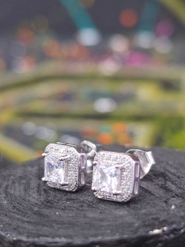 Silver Cubic Zirconia Princess Cut Stud Earrings
