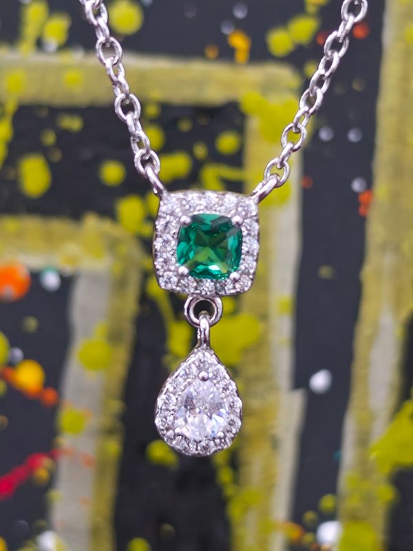 Silver Cubic Zircon Green Stone Drop Pendent