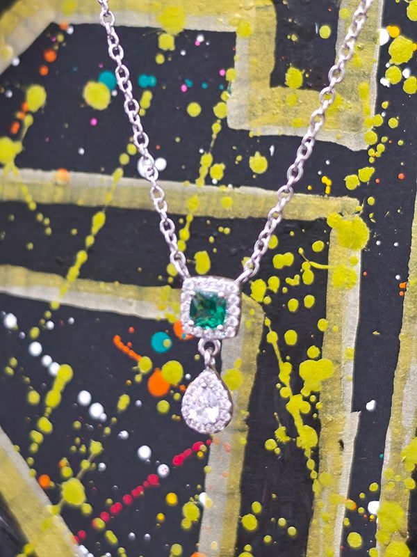 Silver Cubic Zircon Green Stone Drop Pendent