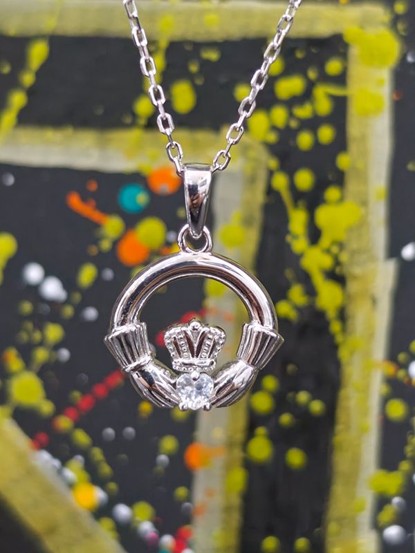 Silver Cubic Zirconia Claddagh Necklace