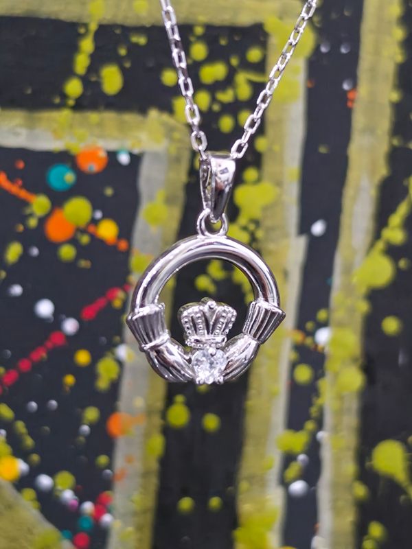 Silver Cubic Zirconia Claddagh Necklace