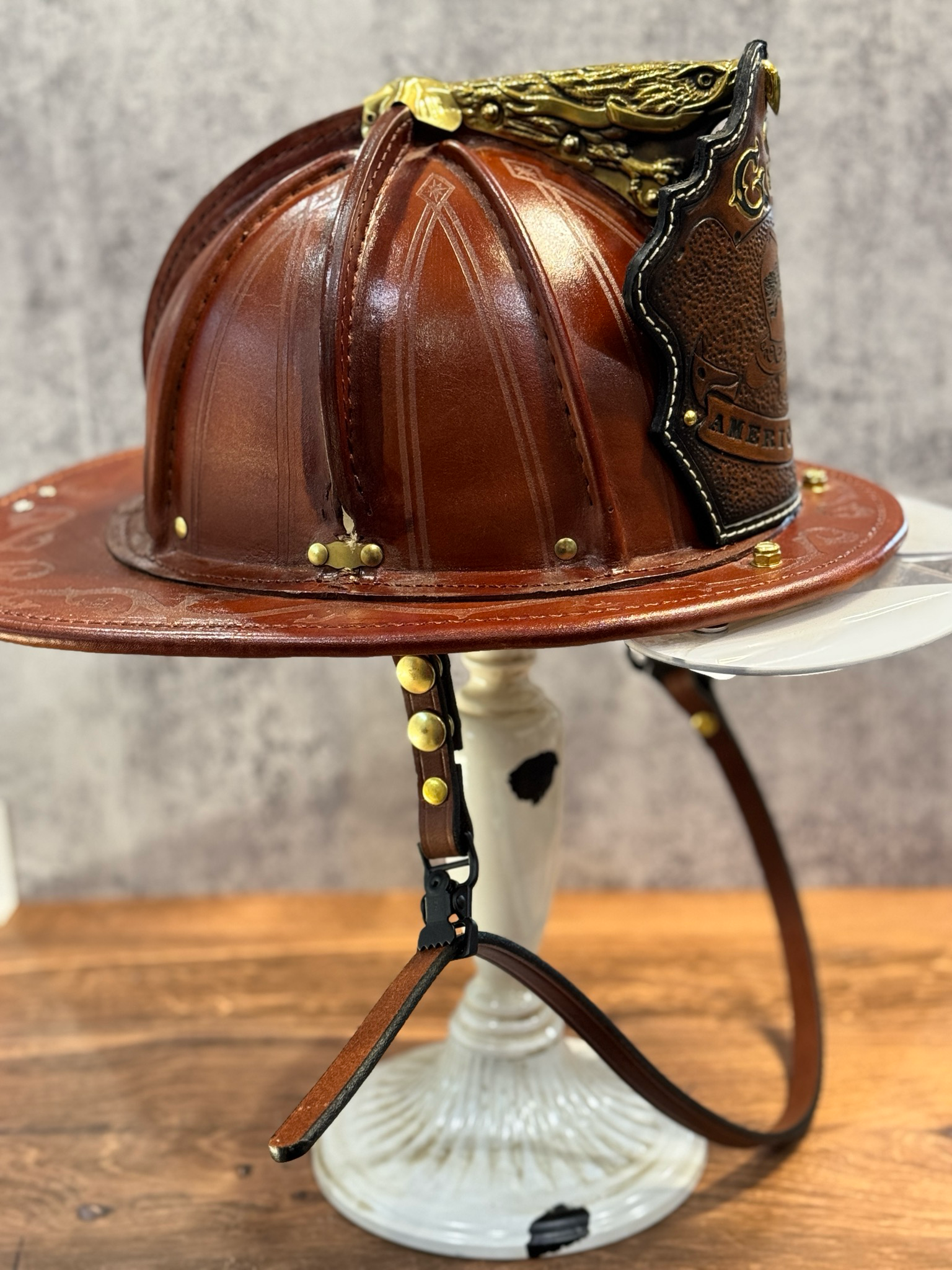 WCLCSNATWQR- Natural Brown Leather Chinstrap With Brass Snaps And Quick Release.