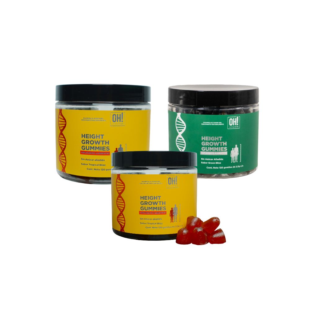 Pack 3 Botes Height Growth Gummies 2 sabor tropical blizz y 1 bote green blizz
