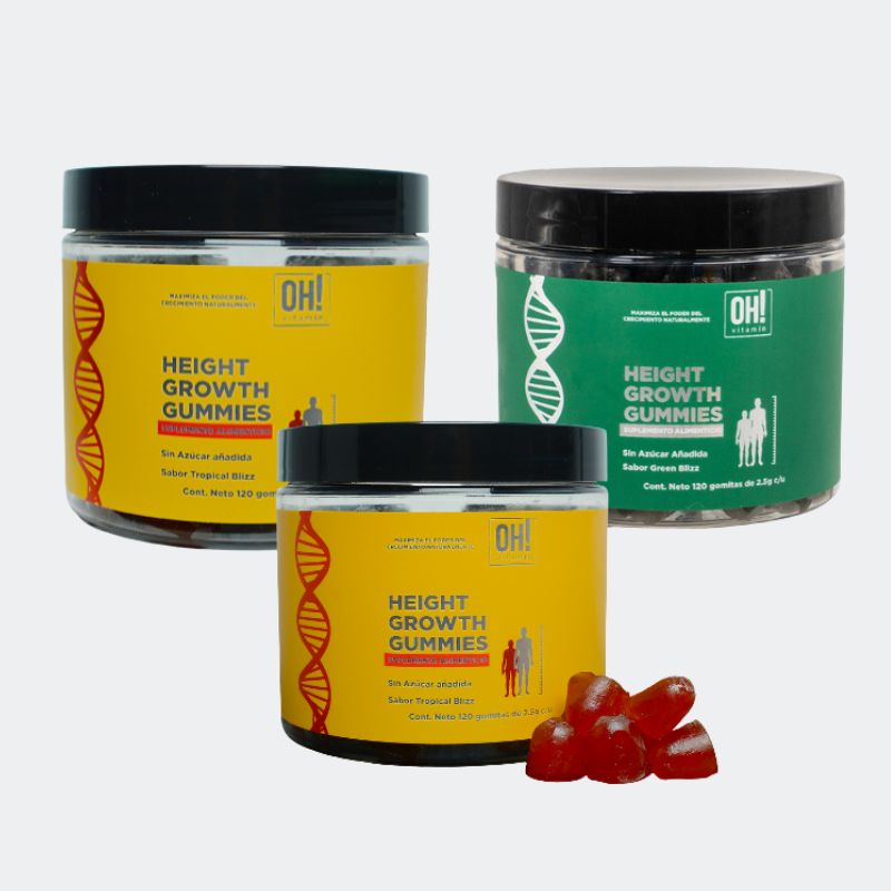Pack 3 botes Height Growth Gummies 2 sabor tropical blizz y 1 bote green blizz