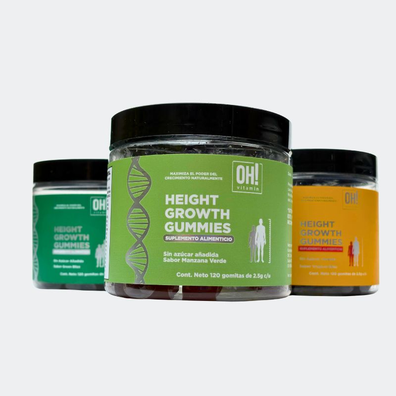Pack 3 botes Height Growth Gummies 1 sabor tropical blizz,  1 sabor green blizz y 1 sabor manzana verde