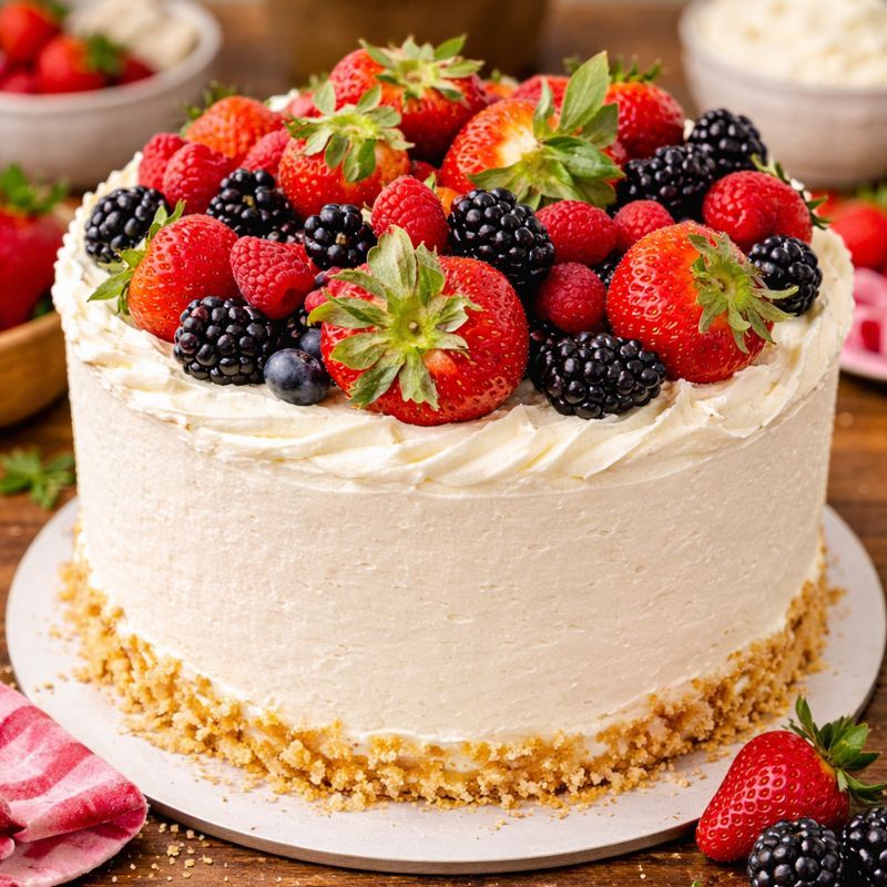 keto chantilly 9-inch cake with fresh strawberries, blueberries, blackberries and raspberries