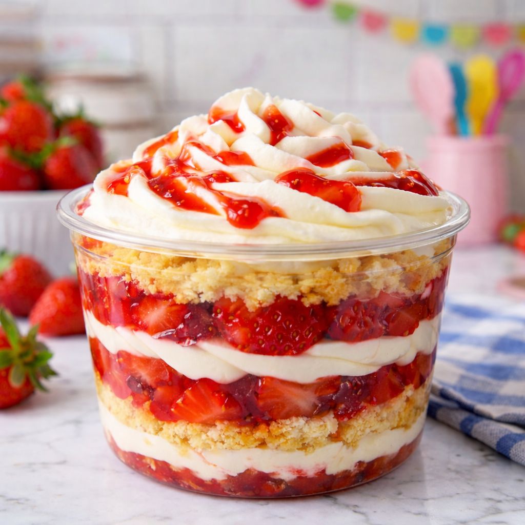 keto strawberry shortcake parfait cup with fresh strawberry compote whipped cream and vanilla cake