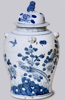 Blue/white Ginger Jar with a bird and floral design