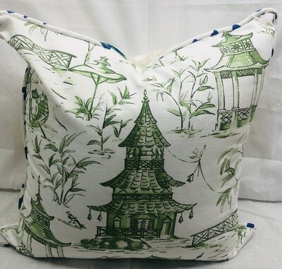 Green chinoiserie front, yellow floral back pillow