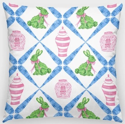 Chinoiserie bunny pillow blue 20x20