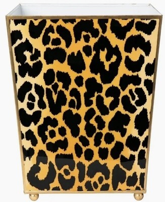 Leopard spotted wastebasket with gold trim