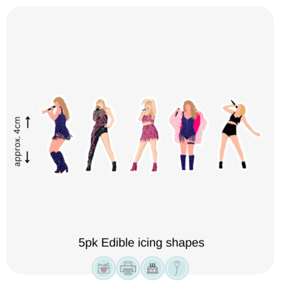 A set of five Taylor Swift-inspired edible icing shapes, each approximately 4cm tall, featuring illustrated silhouettes of a pop star in various dynamic performance poses. The figures are adorned in different stylish outfits, showcasing a range of vibrant colors and iconic looks associated with the artist's stage performances. This image indicates that the shapes are part of a 5-pack product offering.