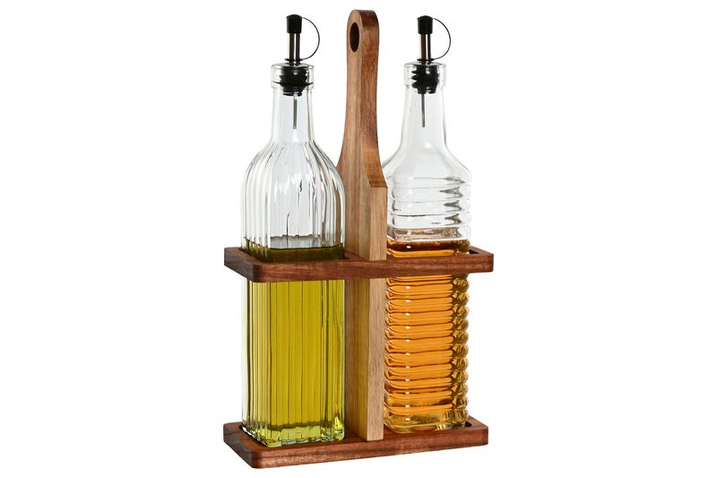 ACEITERA SET DE 2 EN MADERA DE ACACIA CRISTAL