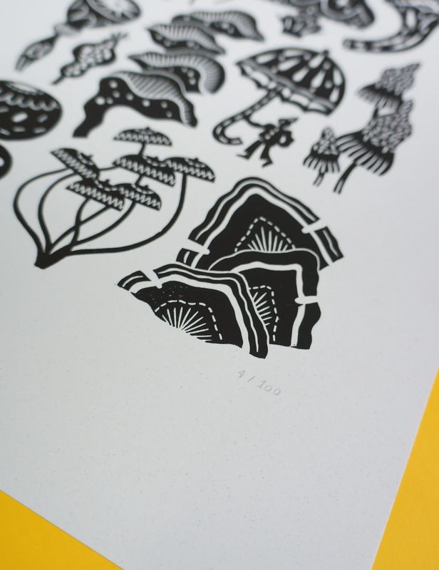 Fantastic Funghi A3 Linoprint