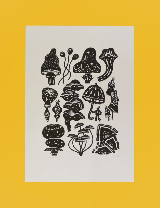 Fantastic Funghi A3 Linoprint