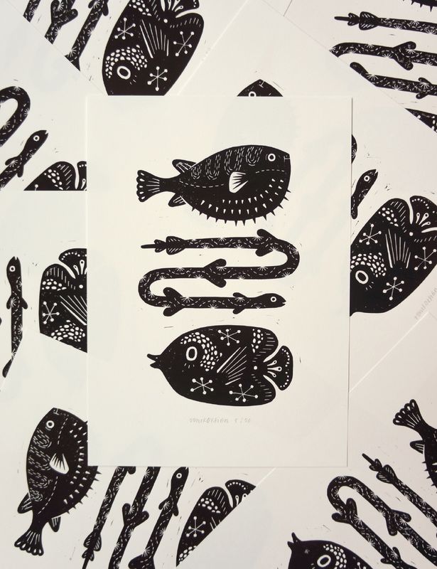 Hello Fishies Block Print 25x35cm