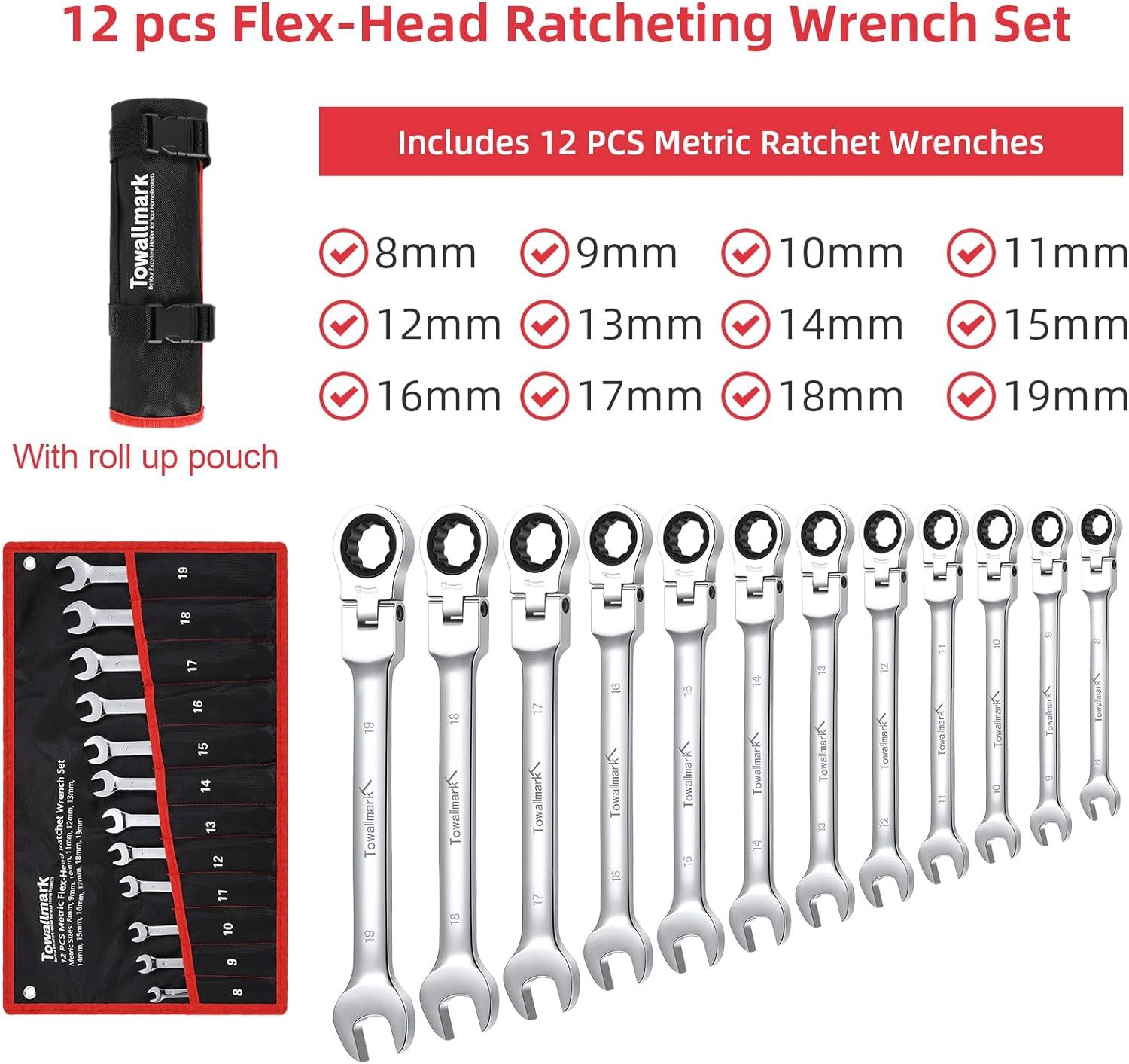 TOWALLMARK 12-PC PIECE FLEX-HEAD WRENCH SET